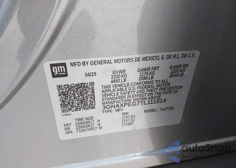 2026 Chevrolet Equinox Awd Lt z USA, uszkodzony, nr VIN 3GNAXPEG7TL111514